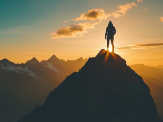 Silhouette of a person standing on mountain peak summit against clear blue sky background