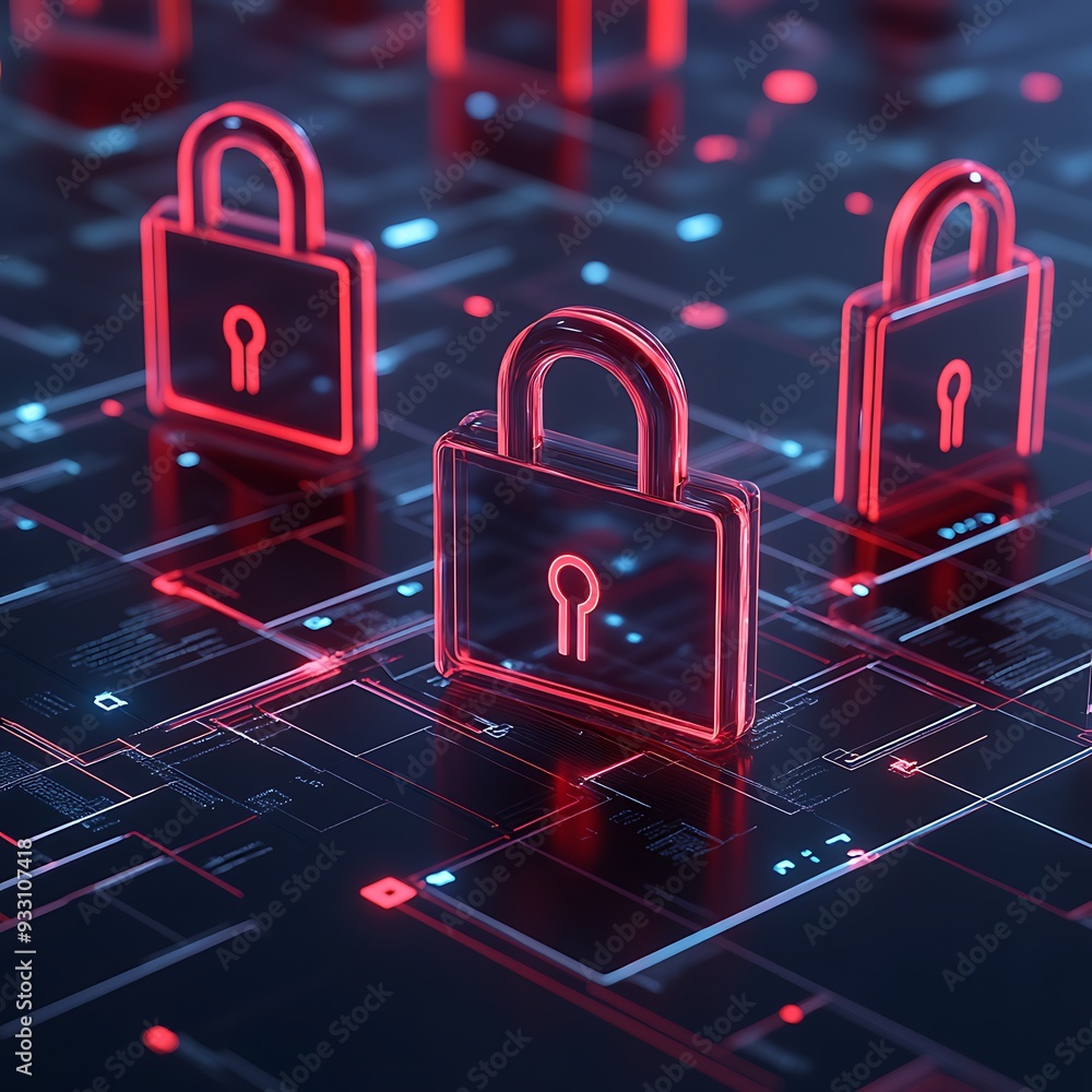 Poster digital security concept with red padlocks on a glowing virtual circuit board, representing secure d