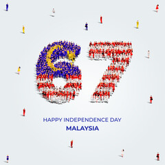 August 31 Happy Independence Day Malaysia Design. A large group of people form to create the number 67 as Malaysia celebrates its 67th Independence Day on the 31st of August.