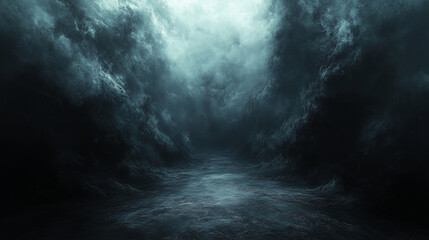 ominous dark clouds swirling above a desolate landscape, evoking a sense of mystery and impending doom