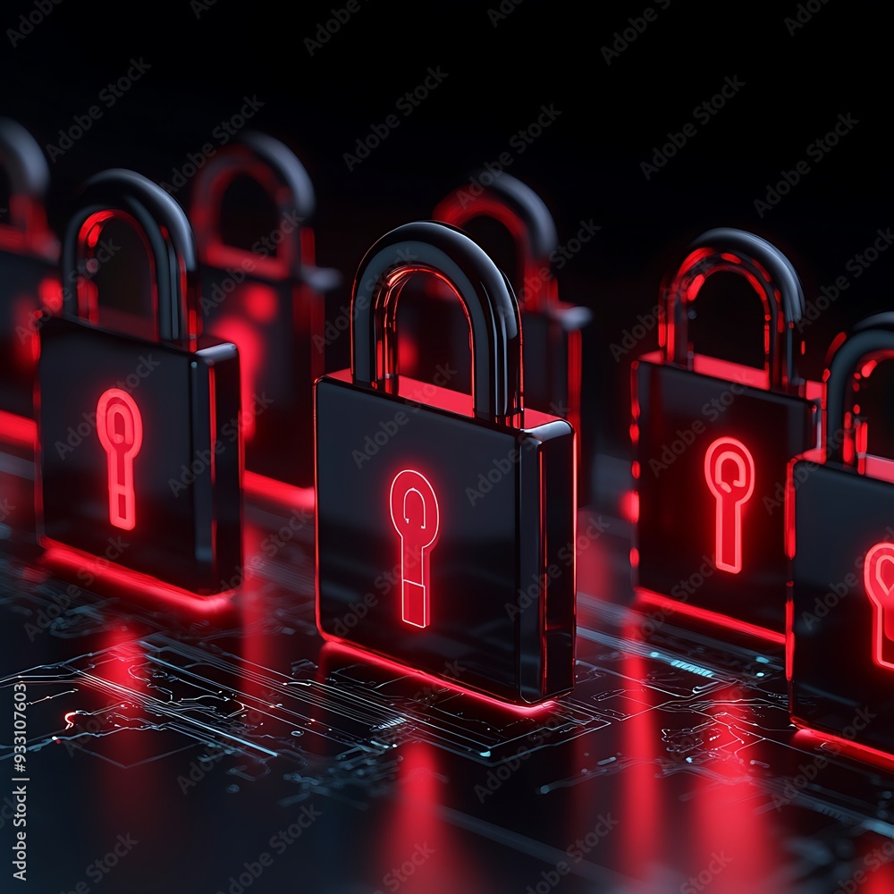 Poster digital security concept with red padlocks representing data protection and cybersecurity on a dark 