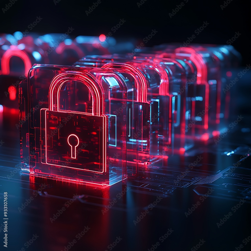 Poster digital security padlocks illuminated with red light, symbolizing cybersecurity, data protection, an