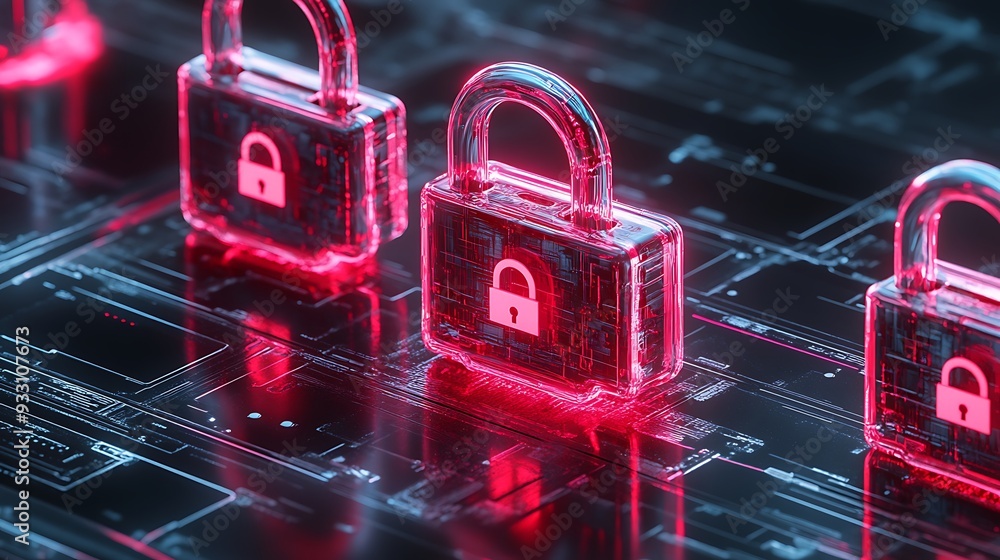 Aufkleber digital security with red lock icons on a futuristic circuit board, representing data protection and