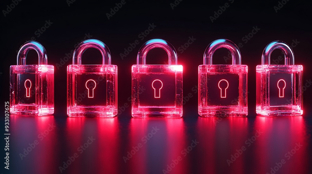 Aufkleber five glowing neon pink padlocks in a row on a dark background symbolizing security and data protecti
