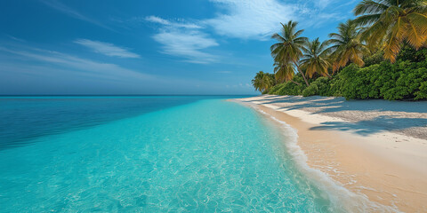 Fototapeta premium Tropical Beach with White Sand, Turquoise Water, and Palm Trees