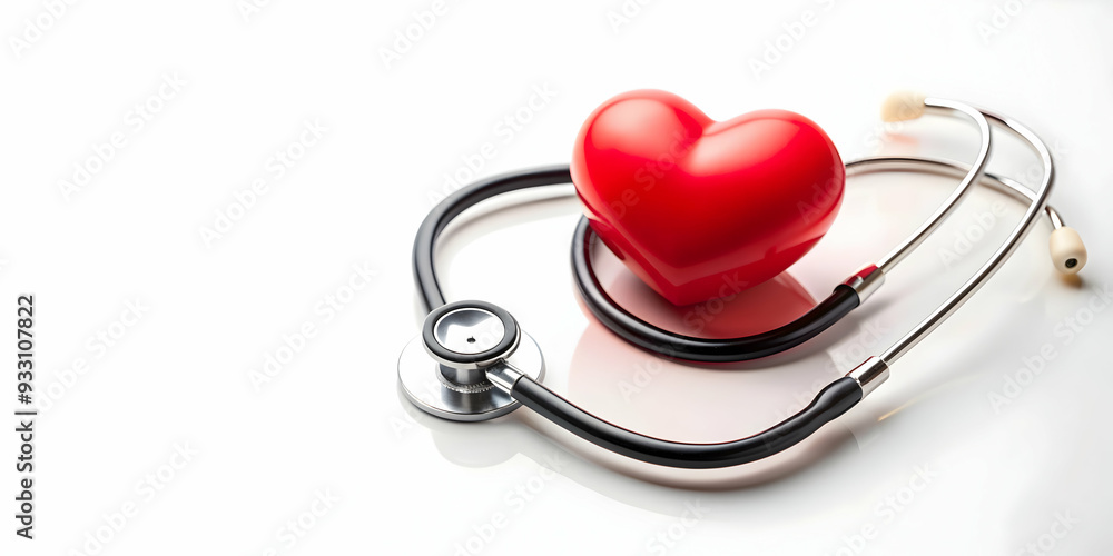 Poster 3d flat icon as heart and stethoscope symbolizing health and diagnostics with ample space for text. 