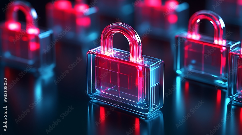 Poster futuristic cyber security concept with transparent padlocks glowing in red light. data protection an