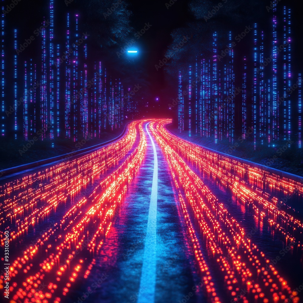 Poster digital highway illuminated by neon lights, representing a futuristic concept of data transfer and h