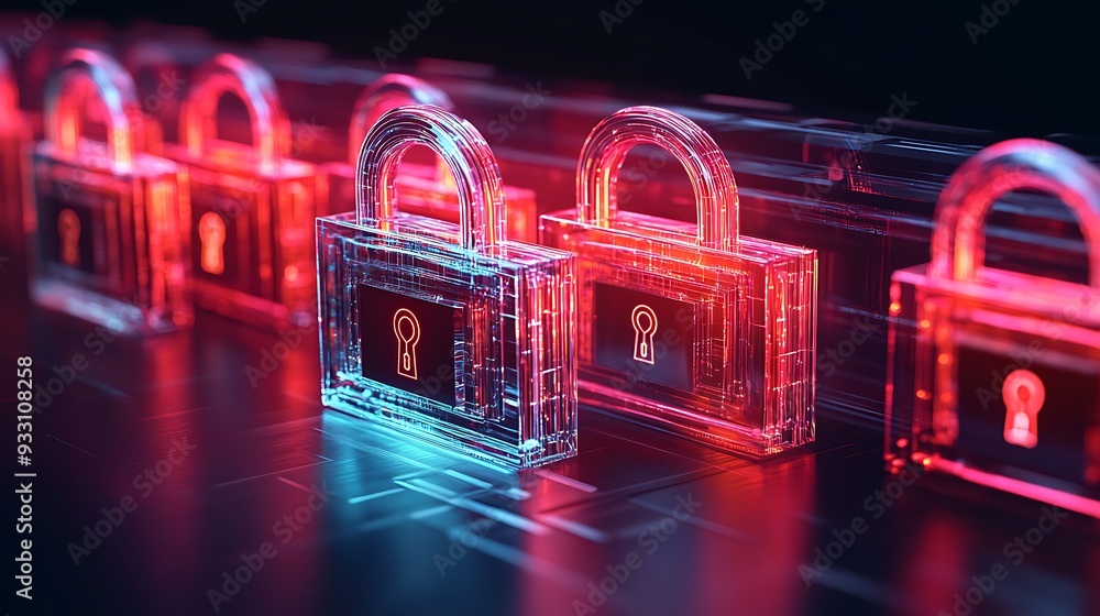 Aufkleber futuristic digital locks glowing in red and blue, representing cybersecurity and data protection wit