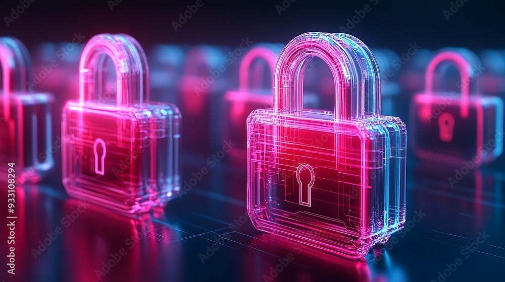 Aufkleber futuristic digital locks symbolize cyber security and data protection. background with vibrant neon 