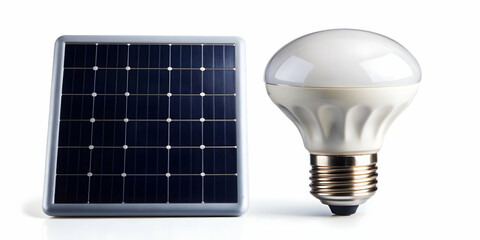 3d Flat icon as LED light and a solar panel symbolizing energy efficient lighting with ample space for text. concept as An LED light and a solar panel representing energy efficient lighting solutions 