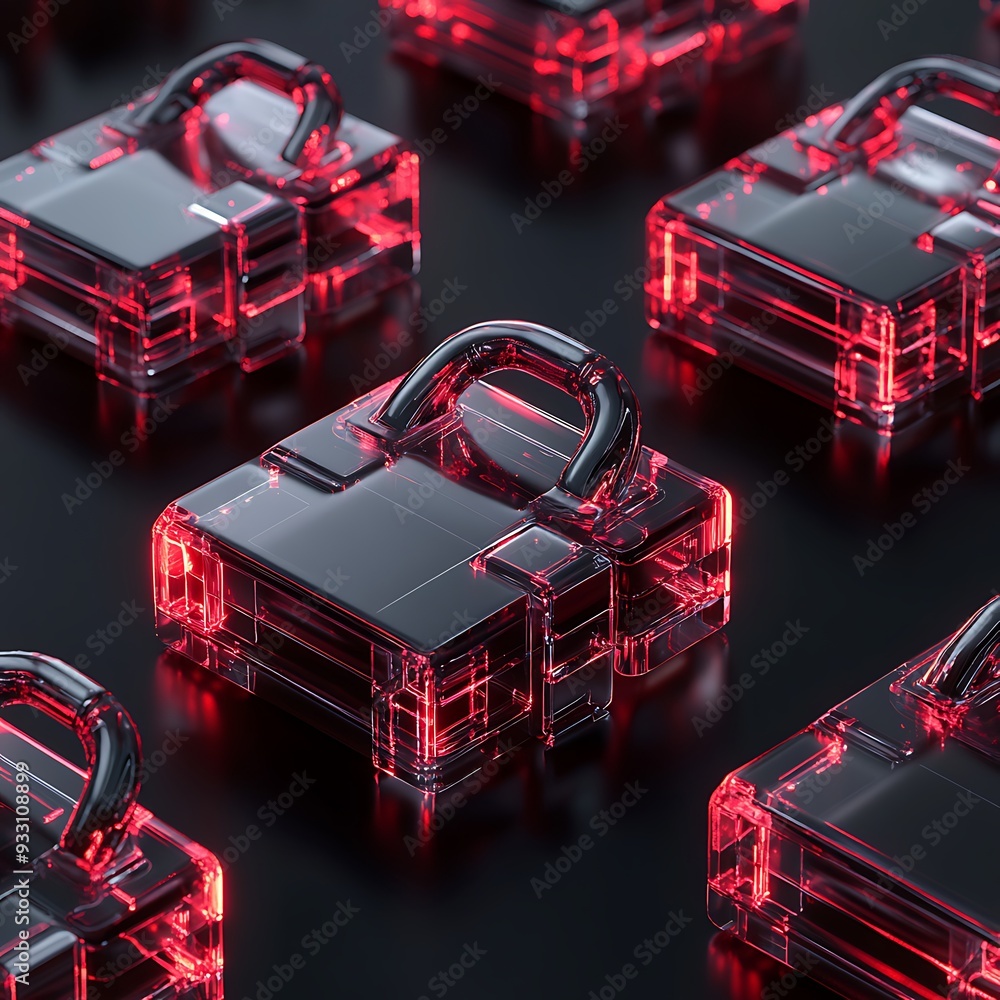 Poster futuristic glowing red padlocks arranged in a pattern on a dark background, symbolizing digital secu