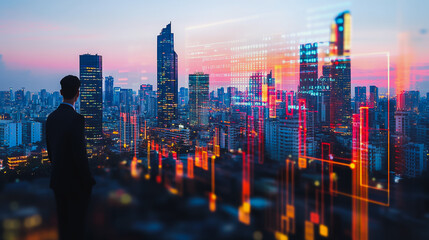 Abstract business team stands on the peak of success amid tall, innovative Smart city and graphs with statistics to analyze business potential and predict future developments in company growth.