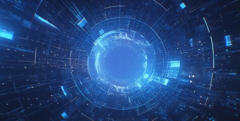 Fototapeta premium Abstract Digital Tunnel with Dotted Lighting Design in Blue and Black: A Technologically Inspired Visual Journey