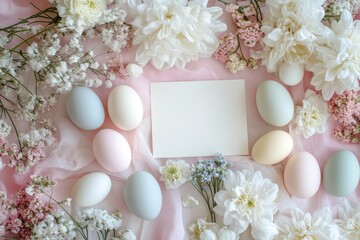 Spring equinox celebration  pastel eggs, fresh flowers, and seasonal card in festive flat lay