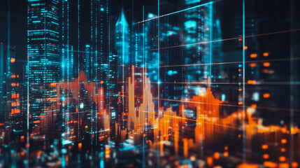 Fototapeta premium Abstract business team stands on the peak of success amid tall, innovative Smart city and graphs with statistics to analyze business potential and predict future developments in company growth.