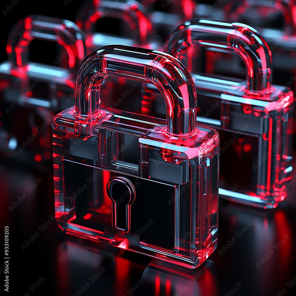 Poster futuristic red locks symbolize cybersecurity and digital protection, ideal for illustrating secure t