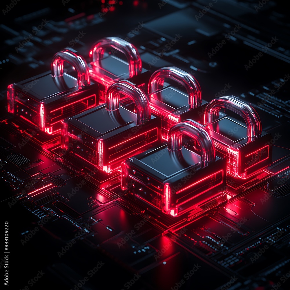 Poster futuristic red padlocks glowing on a digital circuit board, representing cybersecurity and data prot