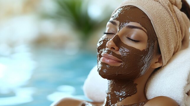A relaxing spa scene with a woman enjoying a full-body mud wrap, the rich texture of the mud contrasting with the white linens.