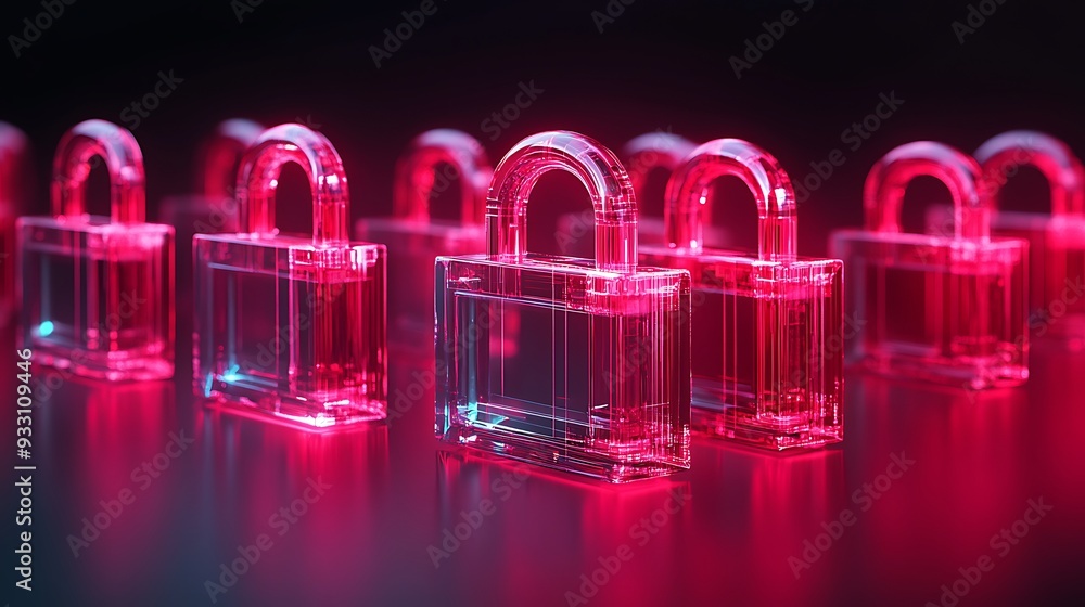 Poster futuristic transparent red padlocks symbolizing digital security and technology innovation in a dark