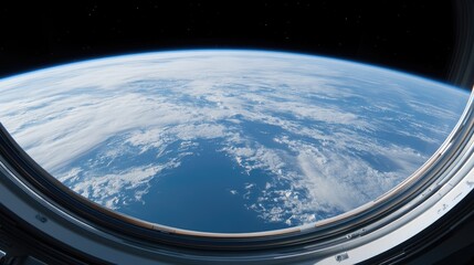 Cozy apartment view from a spaceship revealing Earth's stunning atmosphere at dawn