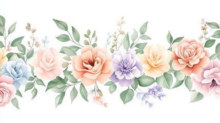 Fototapeta premium Elegant watercolor floral frame with vibrant roses and peonies in pastel hues around a crisp white background