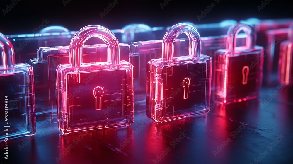 Poster glowing locks in neon colors symbolize cybersecurity and data protection in a digital landscape, emp