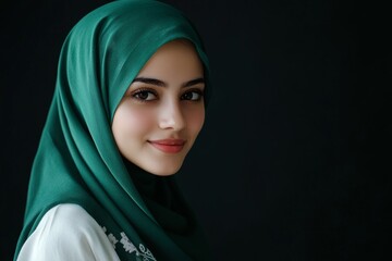 Fototapeta premium Woman wearing a green headscarf smiling with a dark background in a close-up portrait