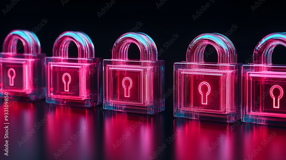 Poster glowing neon locks in a row symbolizing cybersecurity, data protection, and online security on a dar