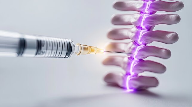 Innovative 3D representation of spine treatment with syringe and laser for effective back pain relief
