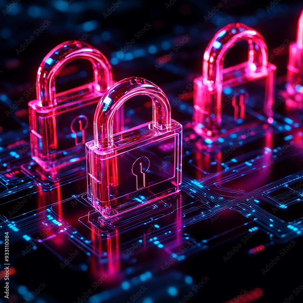 Poster glowing red locks on a digital circuit board, representing cybersecurity and data protection in a fu