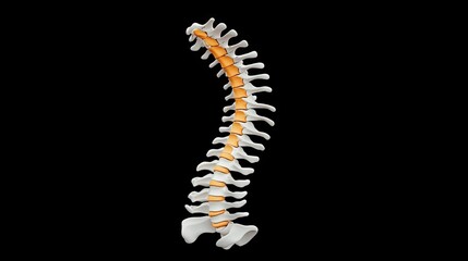 3D rendering of a human spine highlighted in orange against a black background, showcasing full-body detail from behind