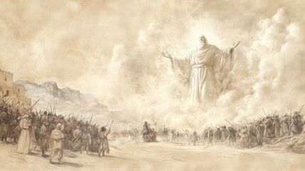 Obraz premium Biblical Illustration of God Leading His People into Battle, a Towering Figure in the Clouds Guiding Them to Victory in Psalms 60