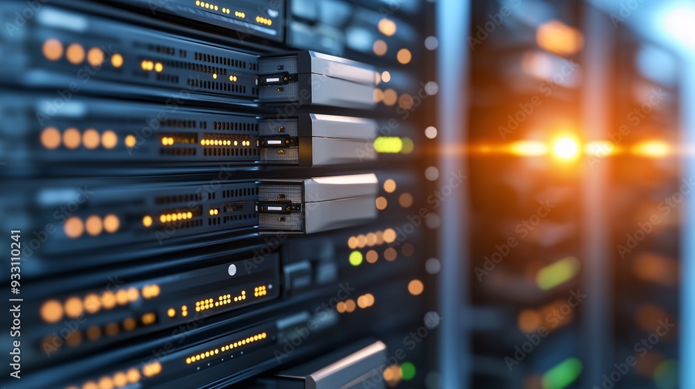 Poster powering the digital age: a close-up view of server racks bathed in the warm glow of activity, symbo