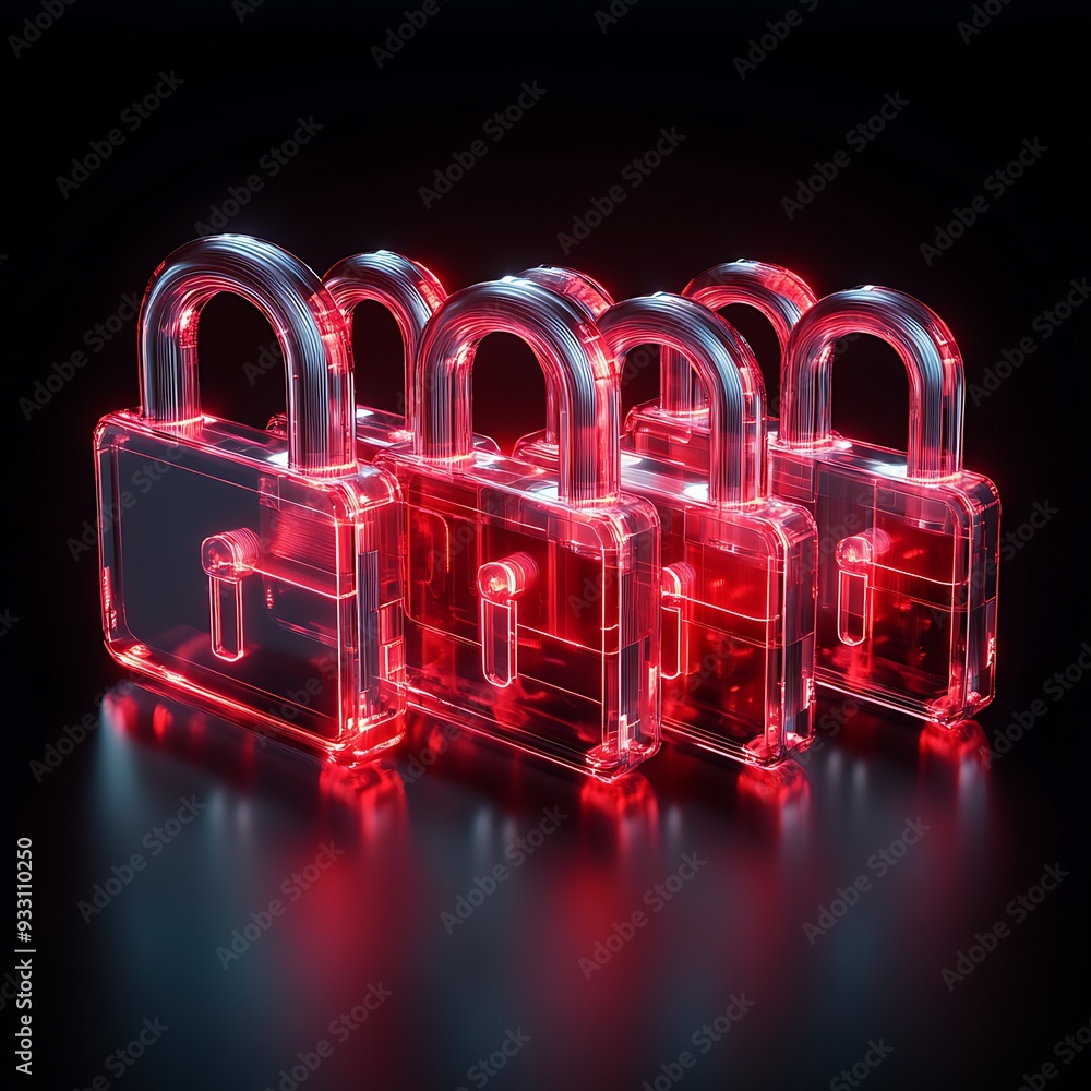 Poster glowing red locks in a row symbolizing cybersecurity, data protection, and digital encryption on a b