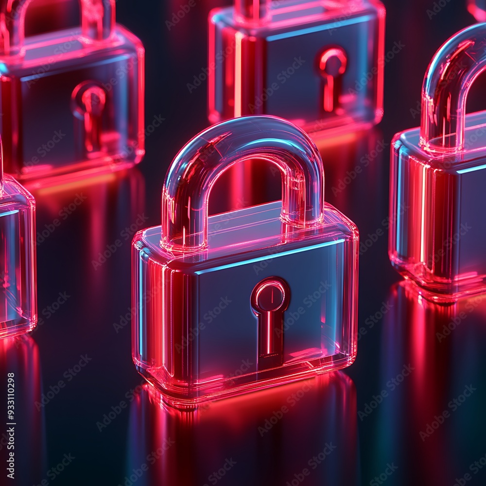 Poster glowing red neon padlocks symbolizing cybersecurity and data protection on a dark reflective surface