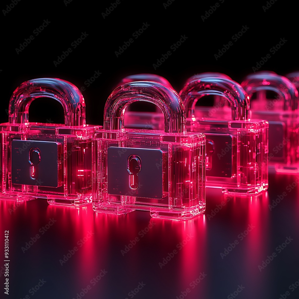 Aufkleber glowing red transparent padlocks in a row illustrating cybersecurity and data protection concepts on
