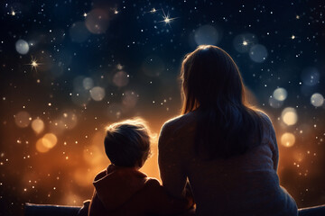 AI generated rear view photo of mother and child family looking sky