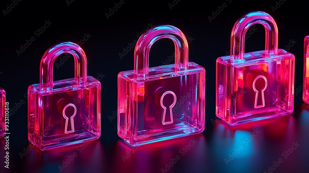 Poster glowing transparent locks in neon colors symbolizing cybersecurity and data protection against a dar