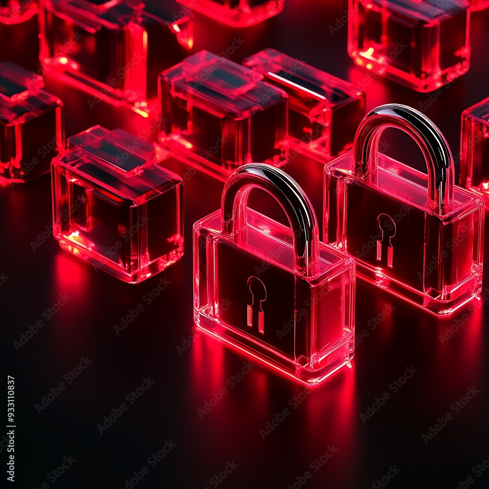 Poster glowing transparent red padlocks on a dark surface, symbolizing digital security and data protection