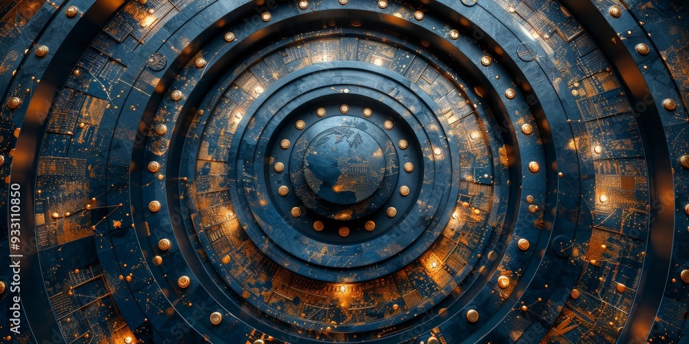 Wall mural futuristic circular structure with golden details and intricate patterns, ideal for technology, inno