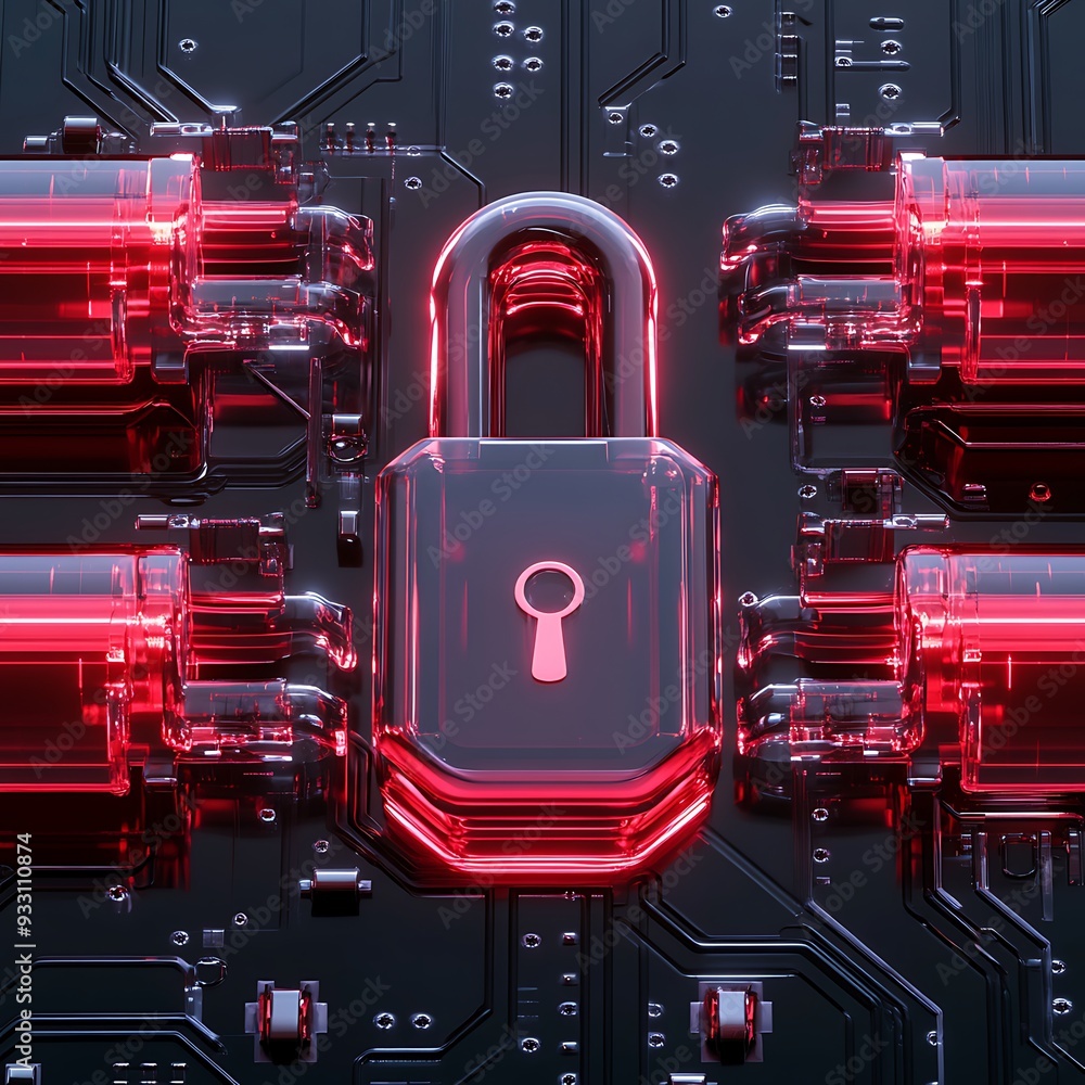 Poster high-tech cyber security concept with a glowing red padlock on circuit board, symbolizing data prote