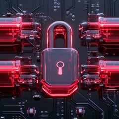 High-tech cyber security concept with a glowing red padlock on circuit board, symbolizing data protection and encryption.