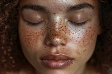 Fototapeta premium Macro close up of freckles on multiracial woman with eyes closed, altered by ai for enhanced effect