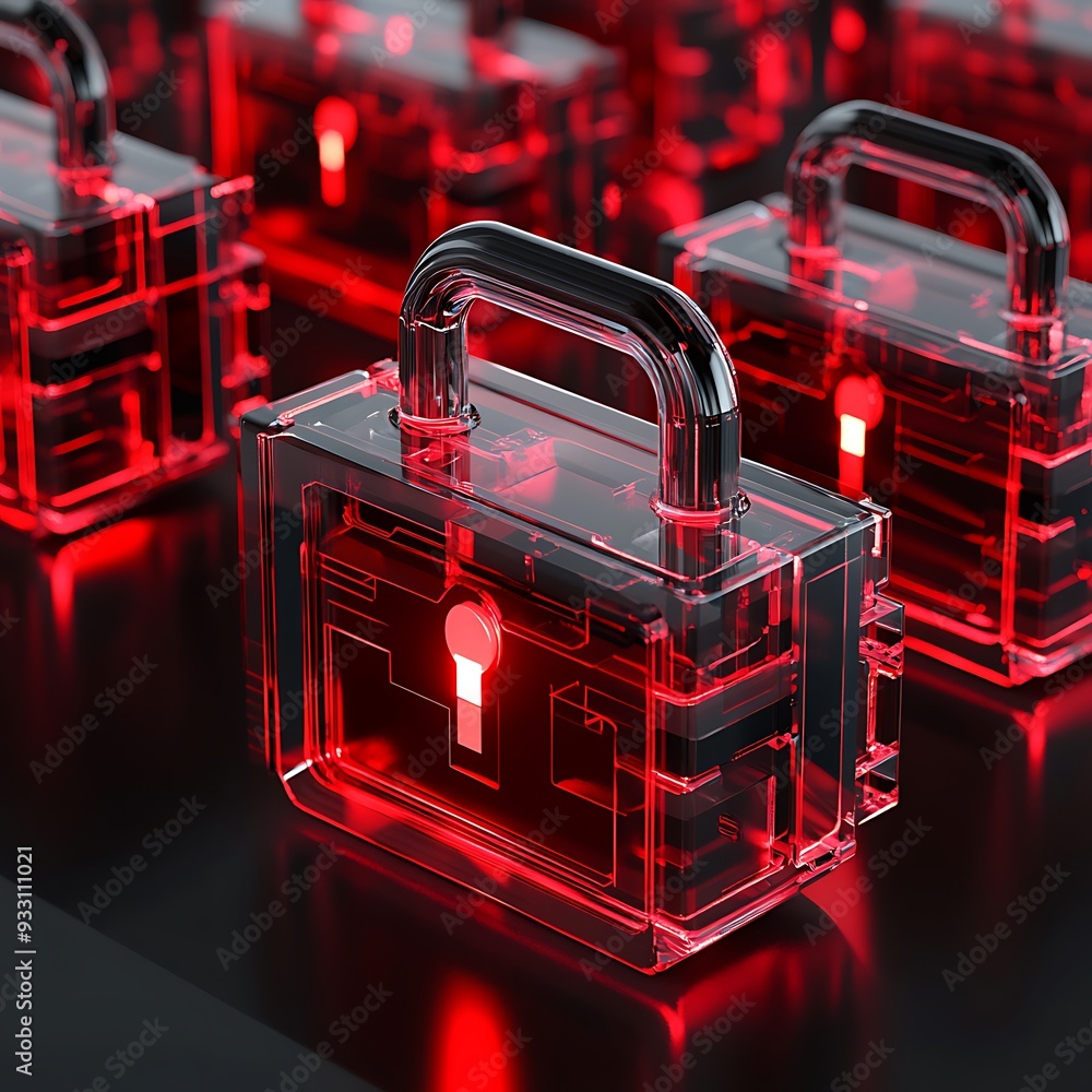 Poster modern transparent red padlocks with glowing keys representing cybersecurity and data protection aga