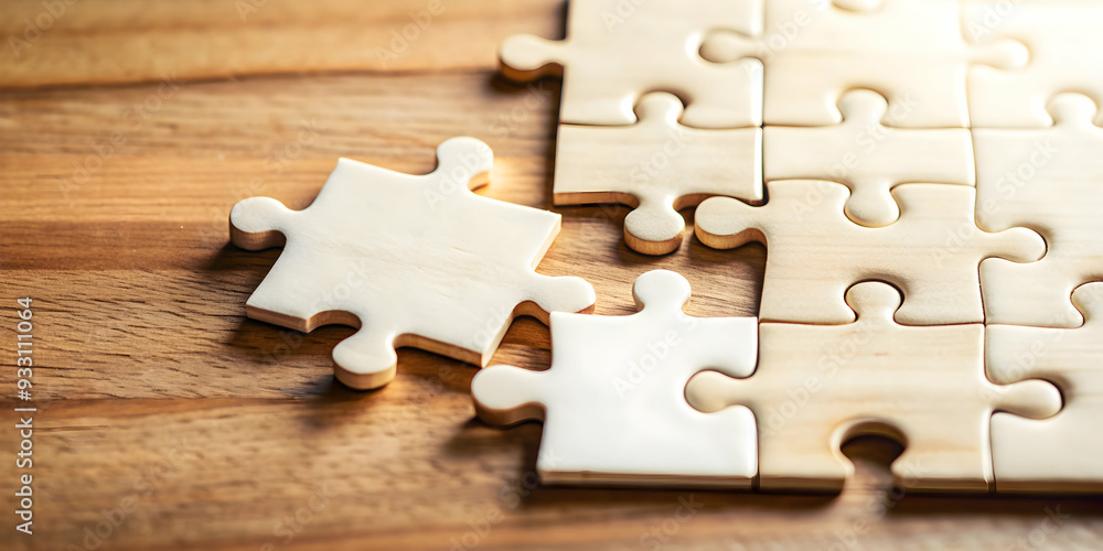 Poster 3d flat icon as puzzle piece and a whole puzzle symbolizing parts and whole with ample space for tex