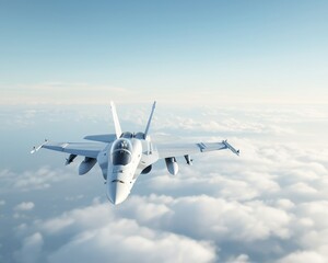 A stunning aerial view of a military jet flying above the clouds, showcasing advanced aviation technology and impressive engineering.