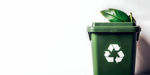 3d Flat icon as Recycling bin and a green leaf symbolizing eco friendly practices with ample space for text. concept as A recycling bin and a green leaf representing eco friendly practices in waste ma