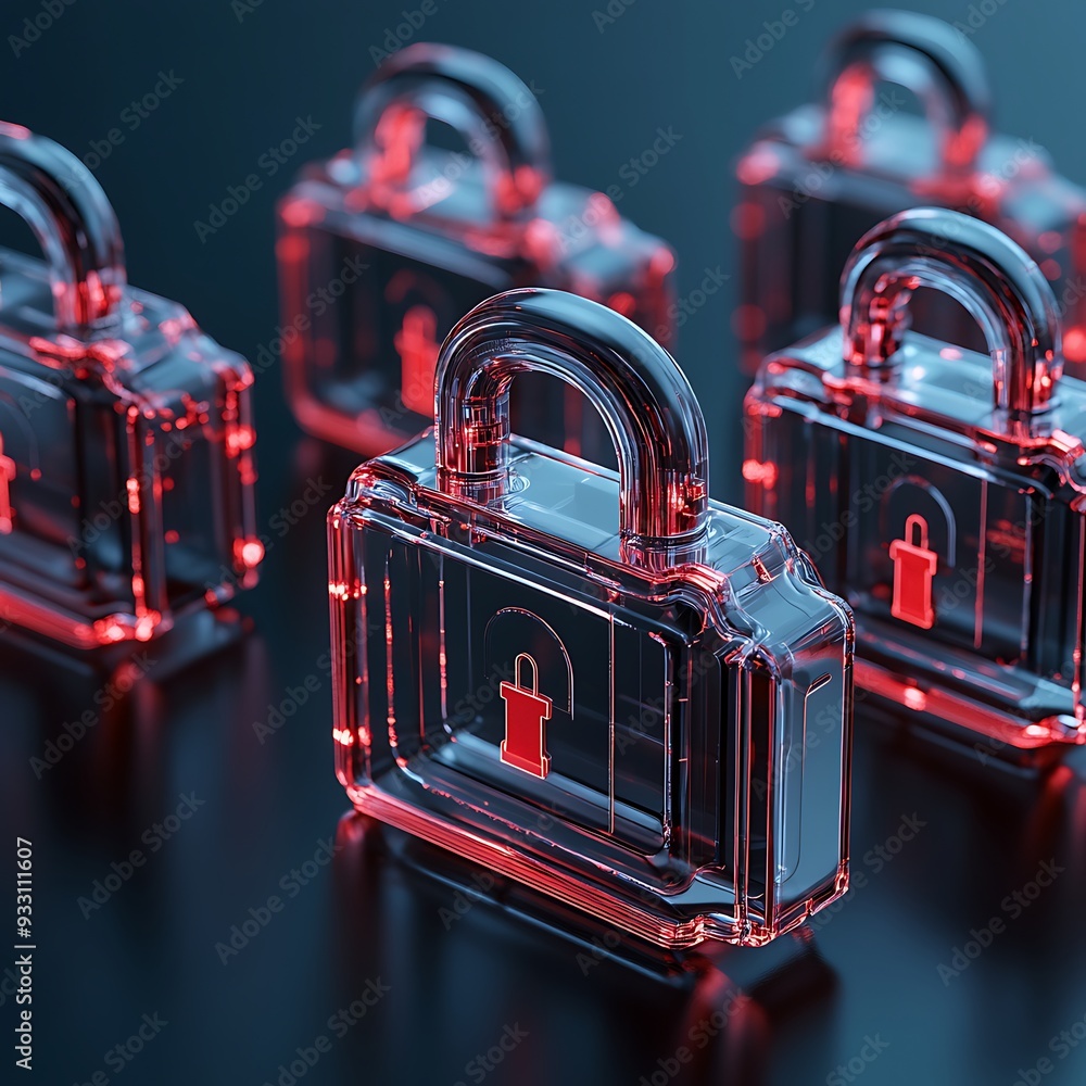 Poster red transparent padlocks on a dark surface showcasing security, data protection, and encryption conc
