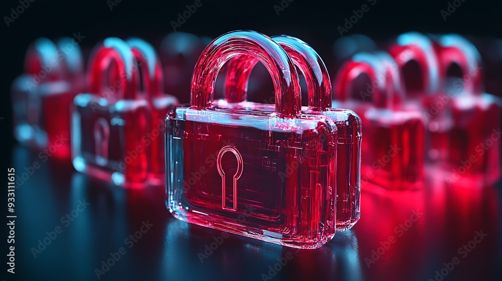 Poster red transparent padlocks illuminated against a dark background, symbolizing cybersecurity and data p